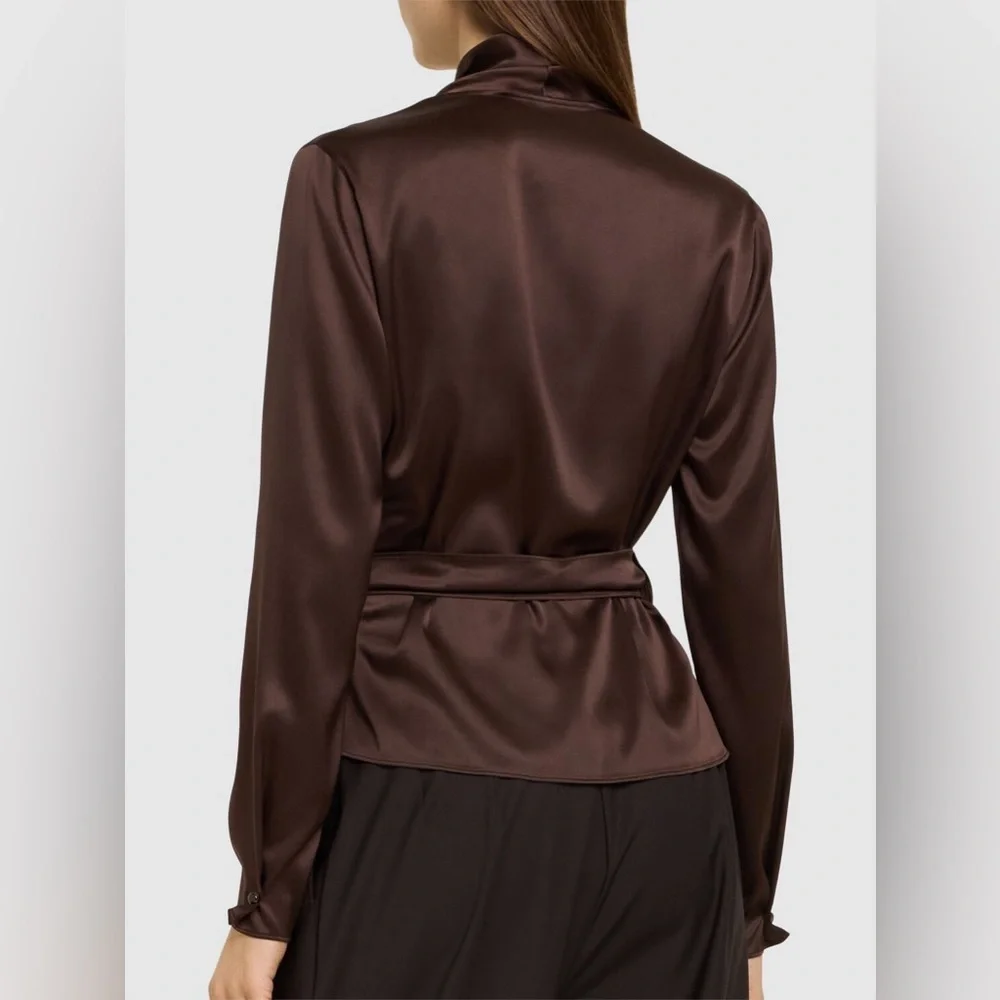 RALPH LAUREN COLLECTION SHEA BROWN SILK WRAP BLOUSE TOP
